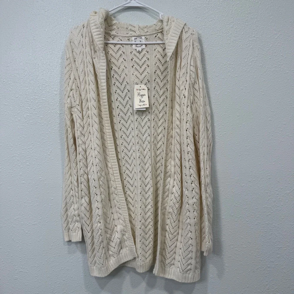 Hippie Rose Womens Cream Pointelle Chevron Knit Hooded Open Front Cardigan L NEW